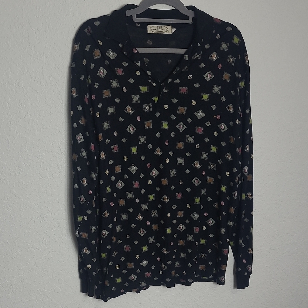 Pronto Uomo Black and Gray Patterned Polo Shirt Made In Italy Long Sleeve Size L
